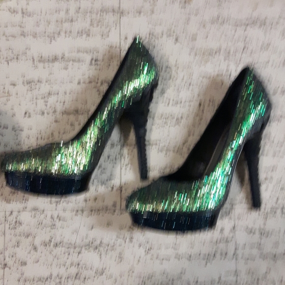 Sparking green and gold flecks highheel shoes - Picture 5 of 7